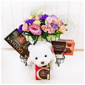 FR41   Godiva Chocolate and Flower Basket with Snuffles   FR41   Godiva Chocolate and Flower Basket with Snuffles